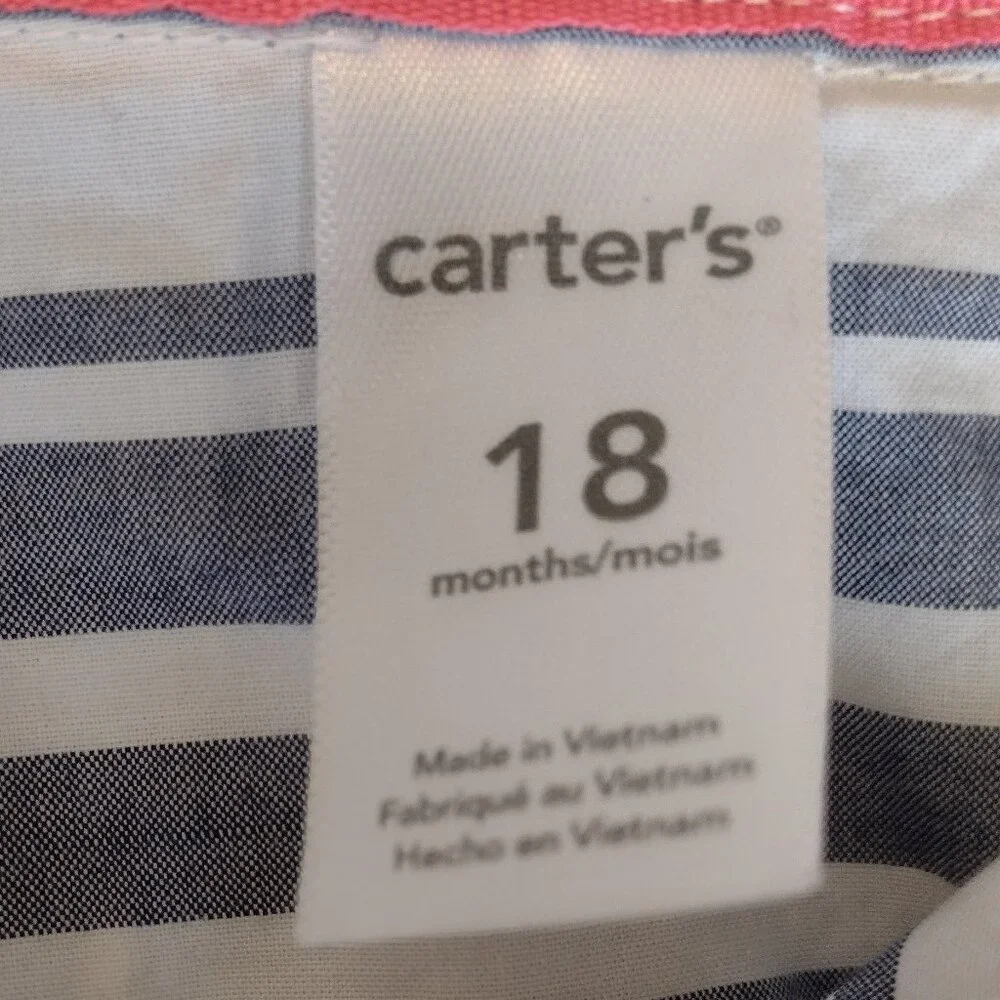Carter's Toddlers Girls Blue White Striped Dress 18 Months, 100% Cotton